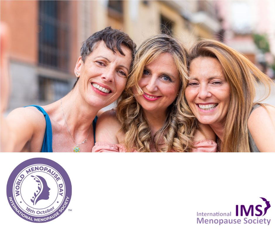 Image of a group of three women, the World Menopause Day logo and International Menopause Society logo